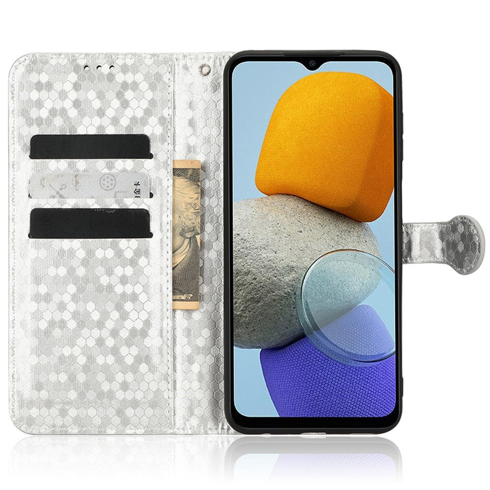 For Samsung Galaxy M23 5G / F23 5G PU Leather Wallet Flip Cover Dot Pattern Imprinted Magnetic Closure Stand Shockproof TPU Phone Case with Strap - Silver