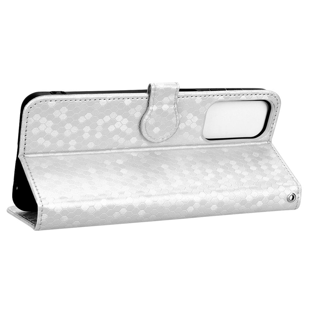 For Samsung Galaxy M23 5G / F23 5G PU Leather Wallet Flip Cover Dot Pattern Imprinted Magnetic Closure Stand Shockproof TPU Phone Case with Strap - Silver