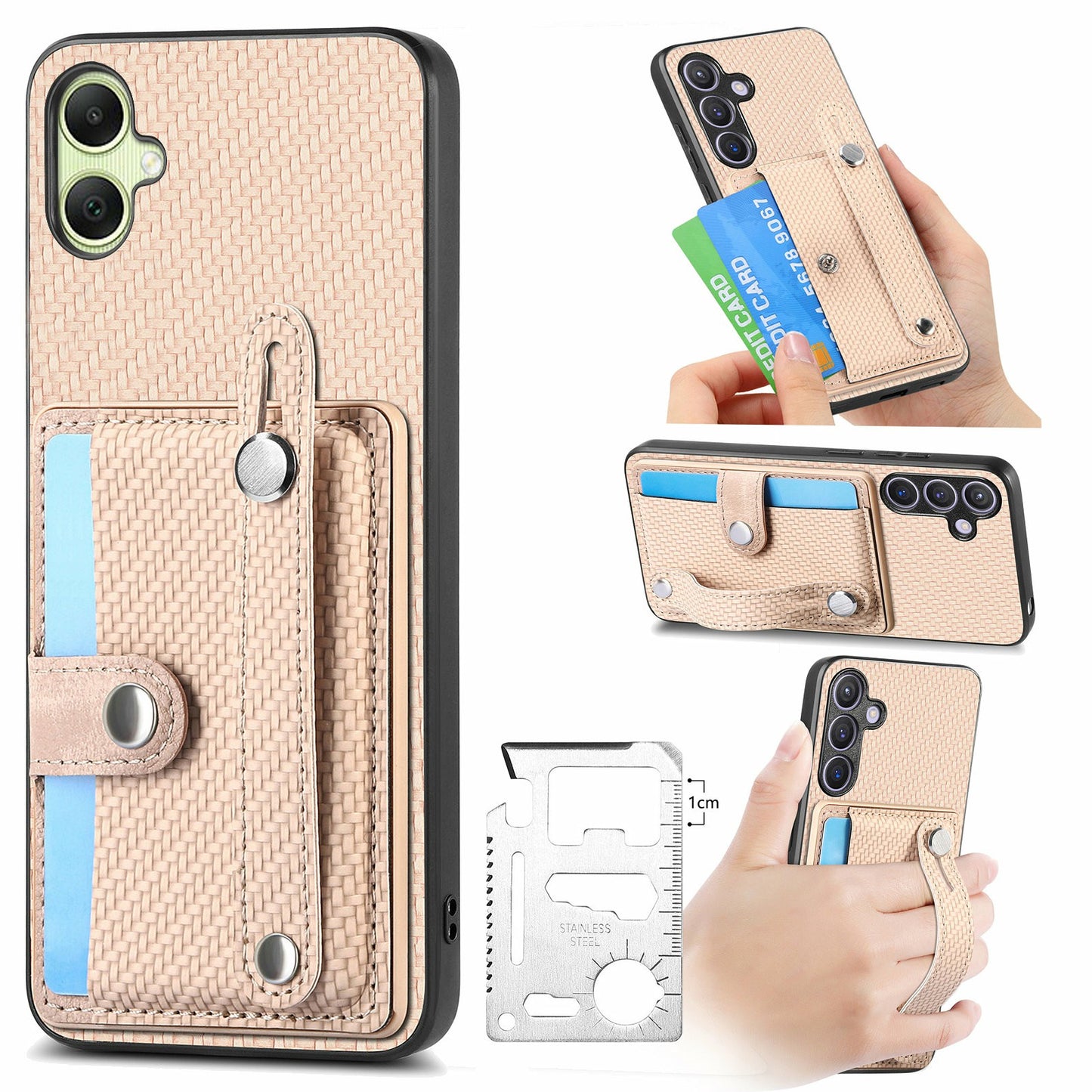 For Samsung Galaxy A06 Case Wristband Anti-Drop Leather Back Cover Card Holder - Khaki