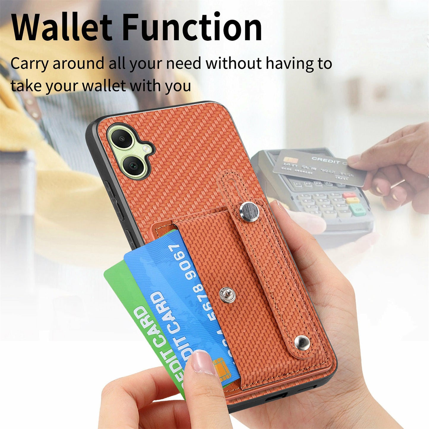 For Samsung Galaxy A06 Case Wristband Anti-Drop Leather Back Cover Card Holder - Khaki