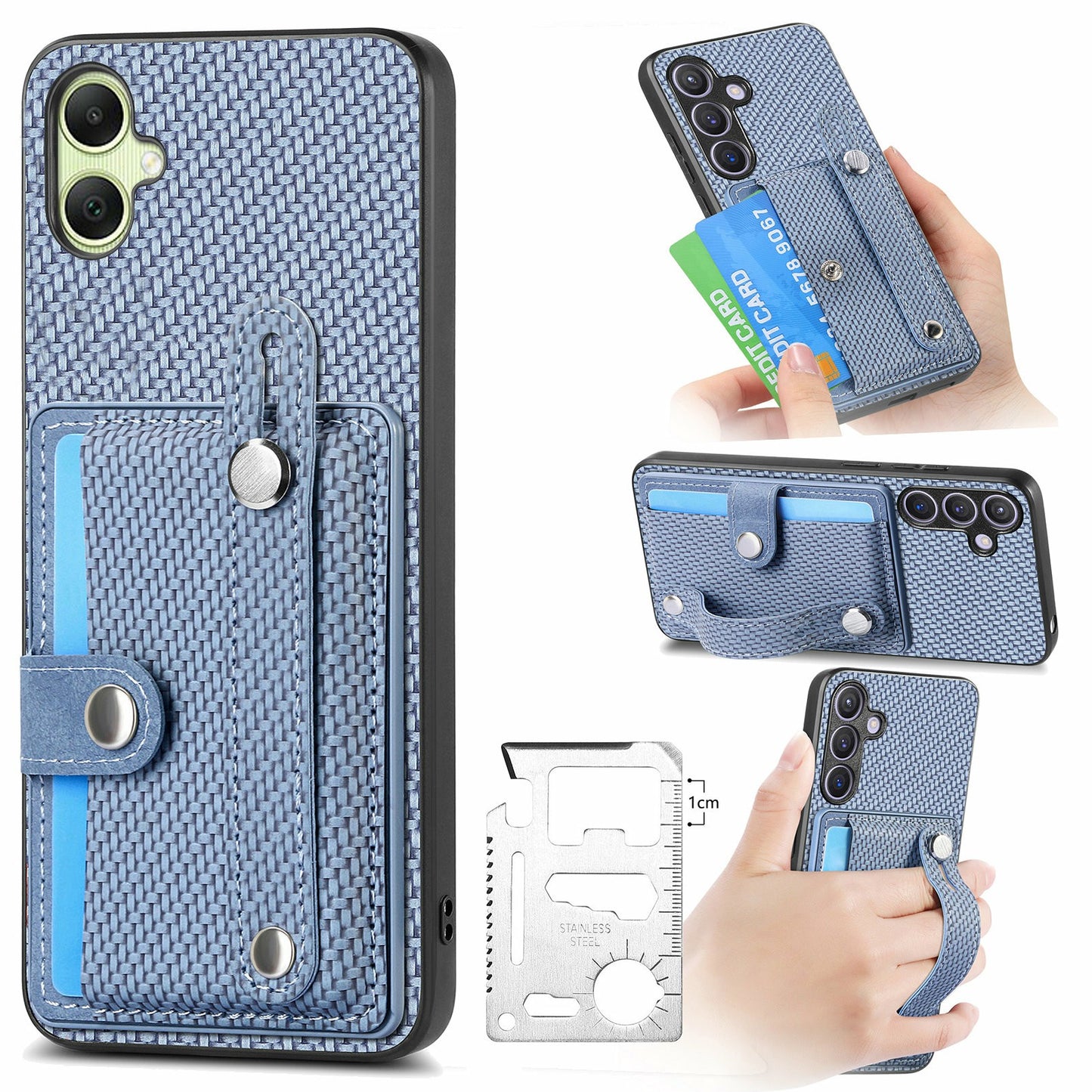 For Samsung Galaxy A06 Case Wristband Anti-Drop Leather Back Cover Card Holder - Blue