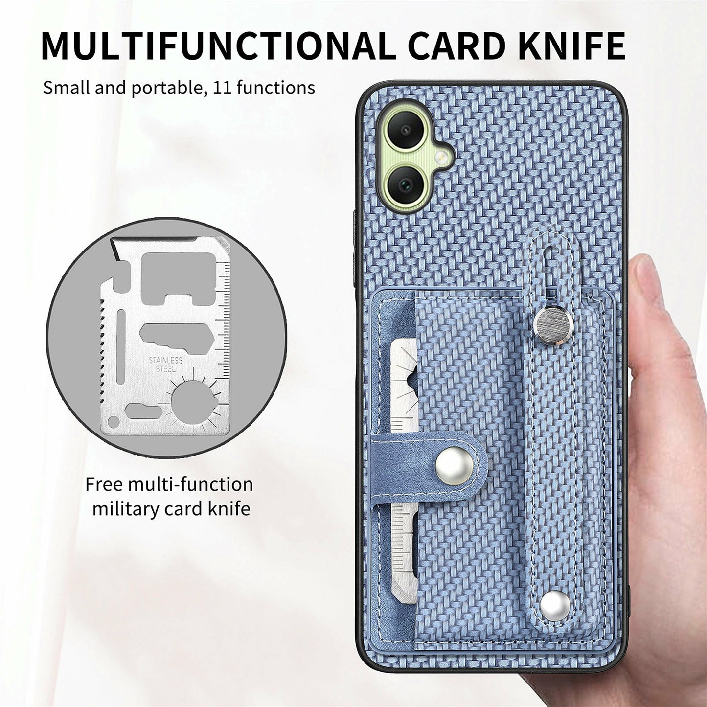 For Samsung Galaxy A06 Case Wristband Anti-Drop Leather Back Cover Card Holder - Blue