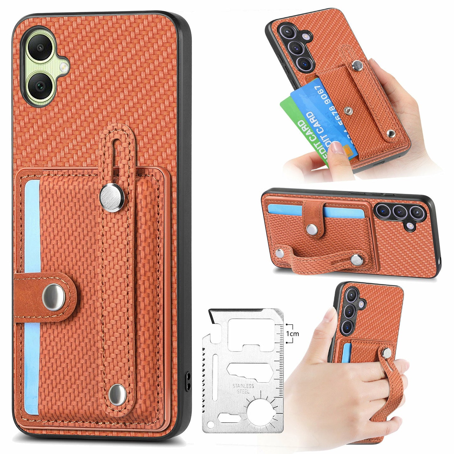 For Samsung Galaxy A06 Case Wristband Anti-Drop Leather Back Cover Card Holder - Brown