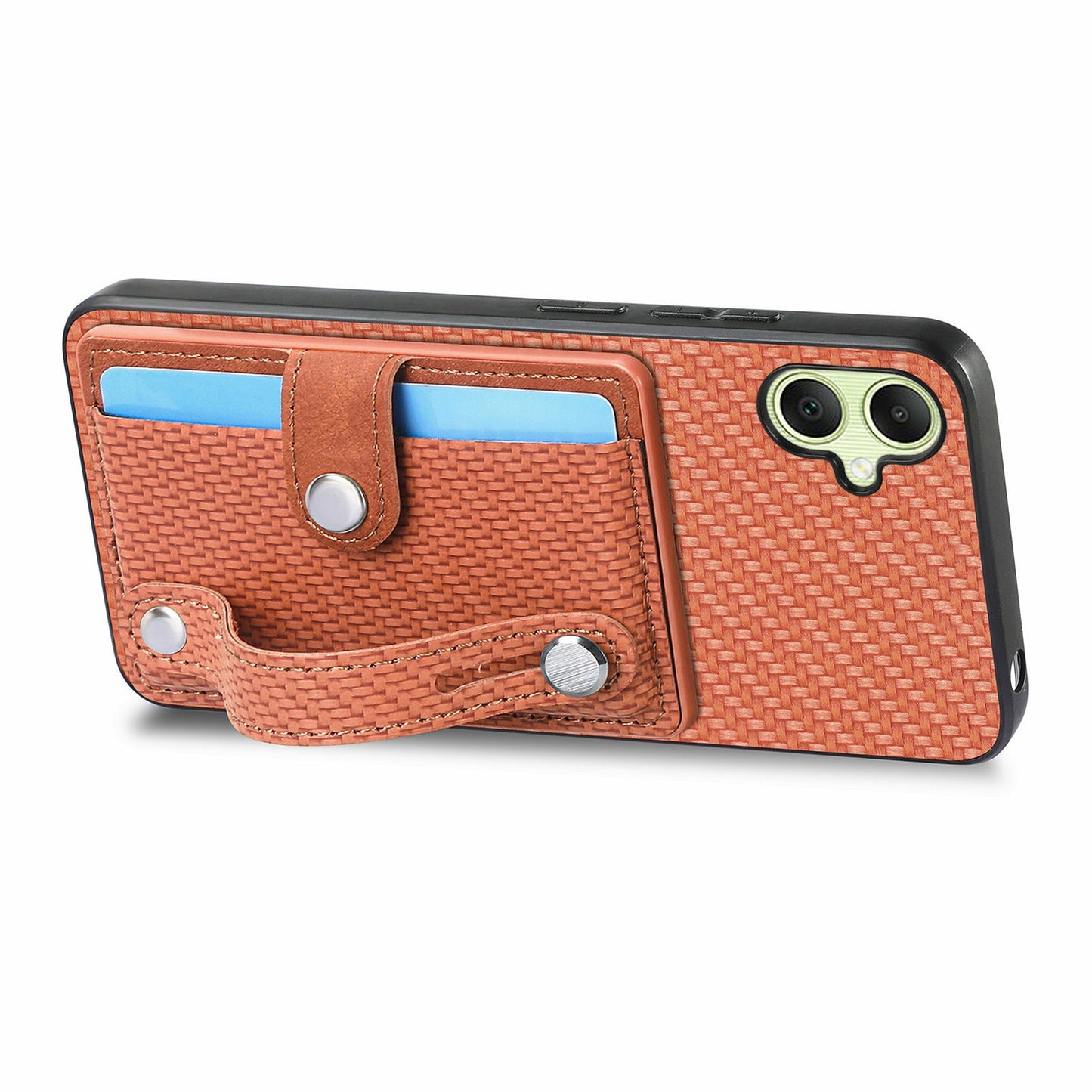 For Samsung Galaxy A06 Case Wristband Anti-Drop Leather Back Cover Card Holder - Brown