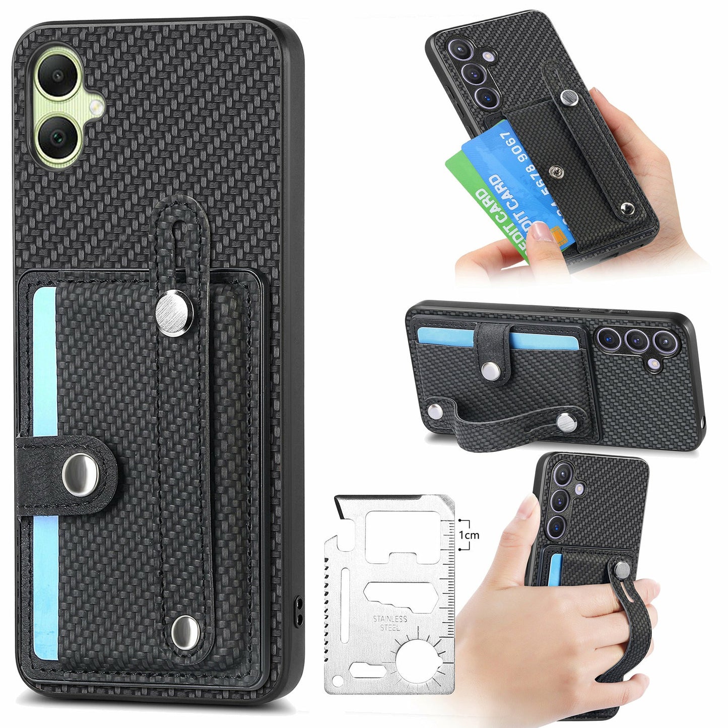 For Samsung Galaxy A06 Case Wristband Anti-Drop Leather Back Cover Card Holder - Black