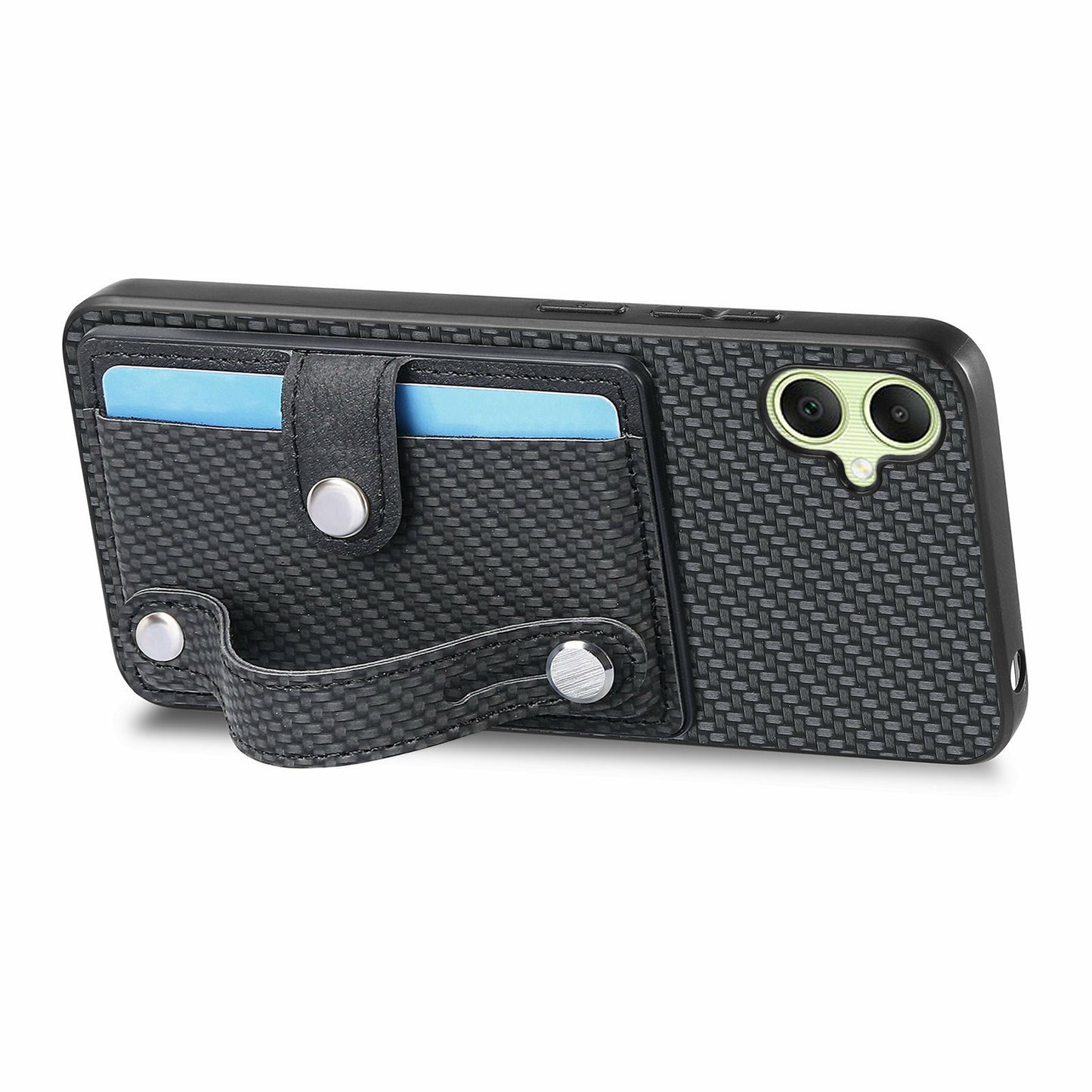 For Samsung Galaxy A06 Case Wristband Anti-Drop Leather Back Cover Card Holder - Black