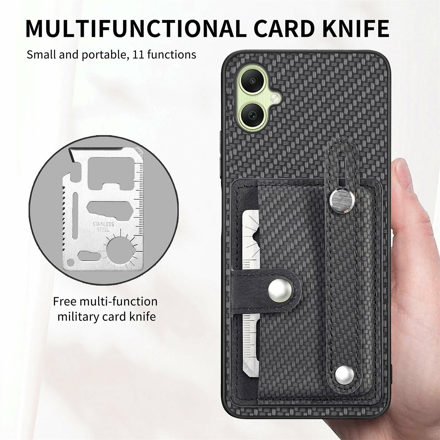 For Samsung Galaxy A06 Case Wristband Anti-Drop Leather Back Cover Card Holder - Black