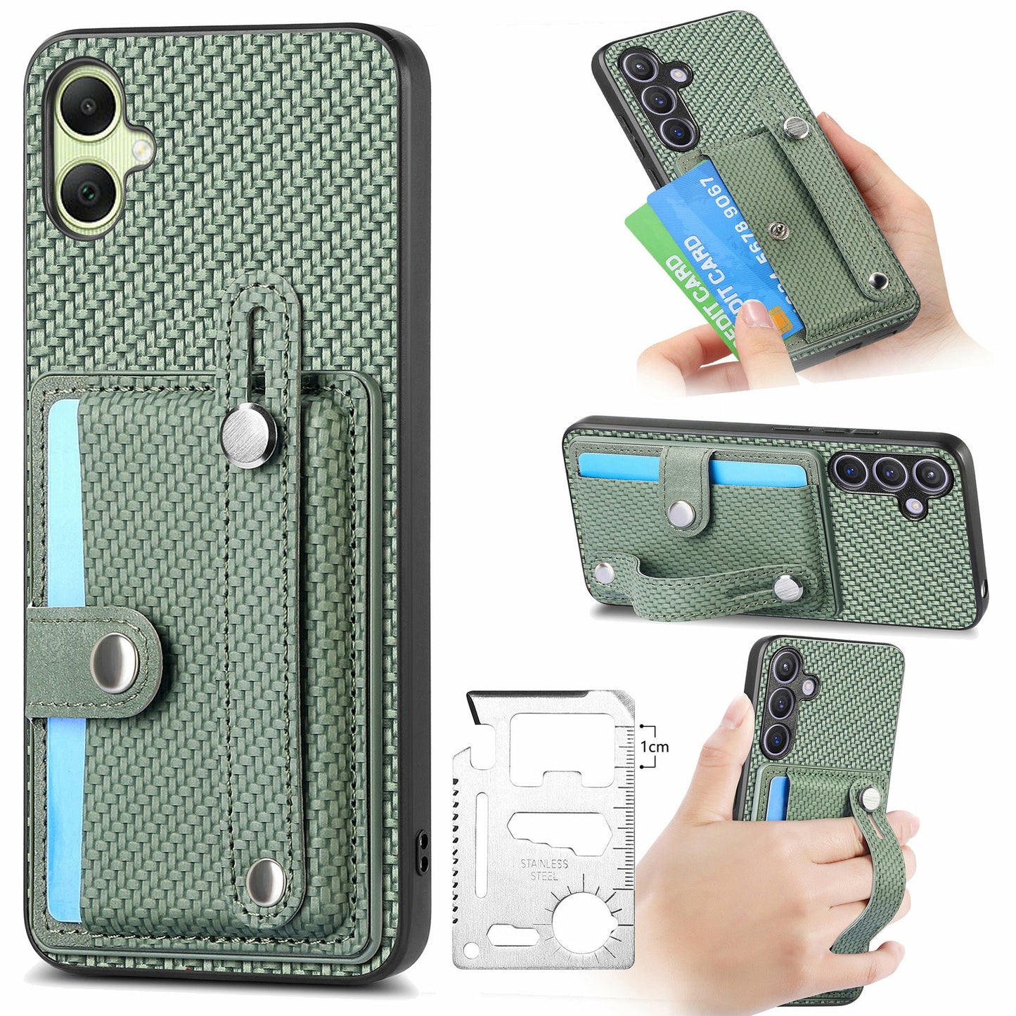 For Samsung Galaxy A06 Case Wristband Anti-Drop Leather Back Cover Card Holder - Green