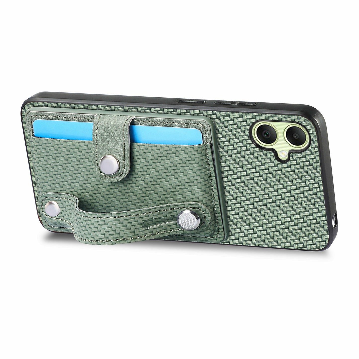 For Samsung Galaxy A06 Case Wristband Anti-Drop Leather Back Cover Card Holder - Green