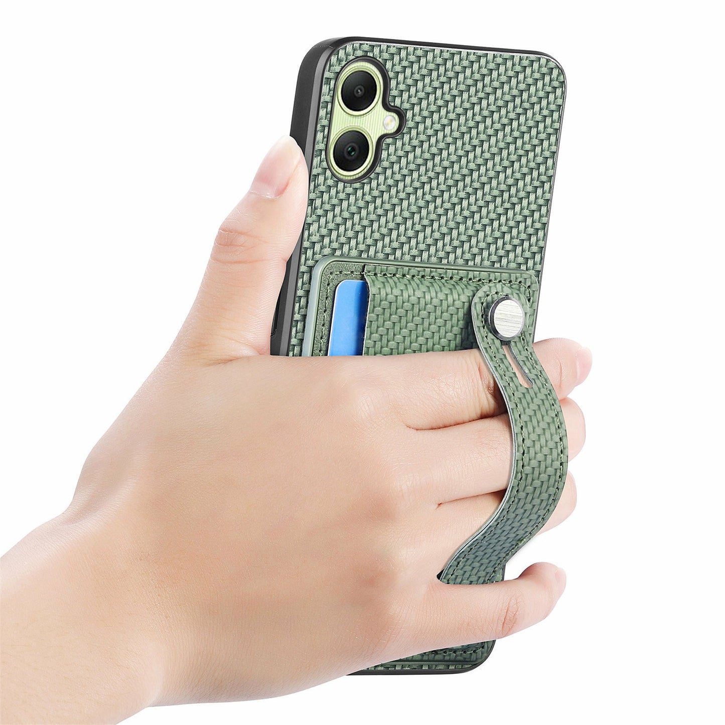 For Samsung Galaxy A06 Case Wristband Anti-Drop Leather Back Cover Card Holder - Green