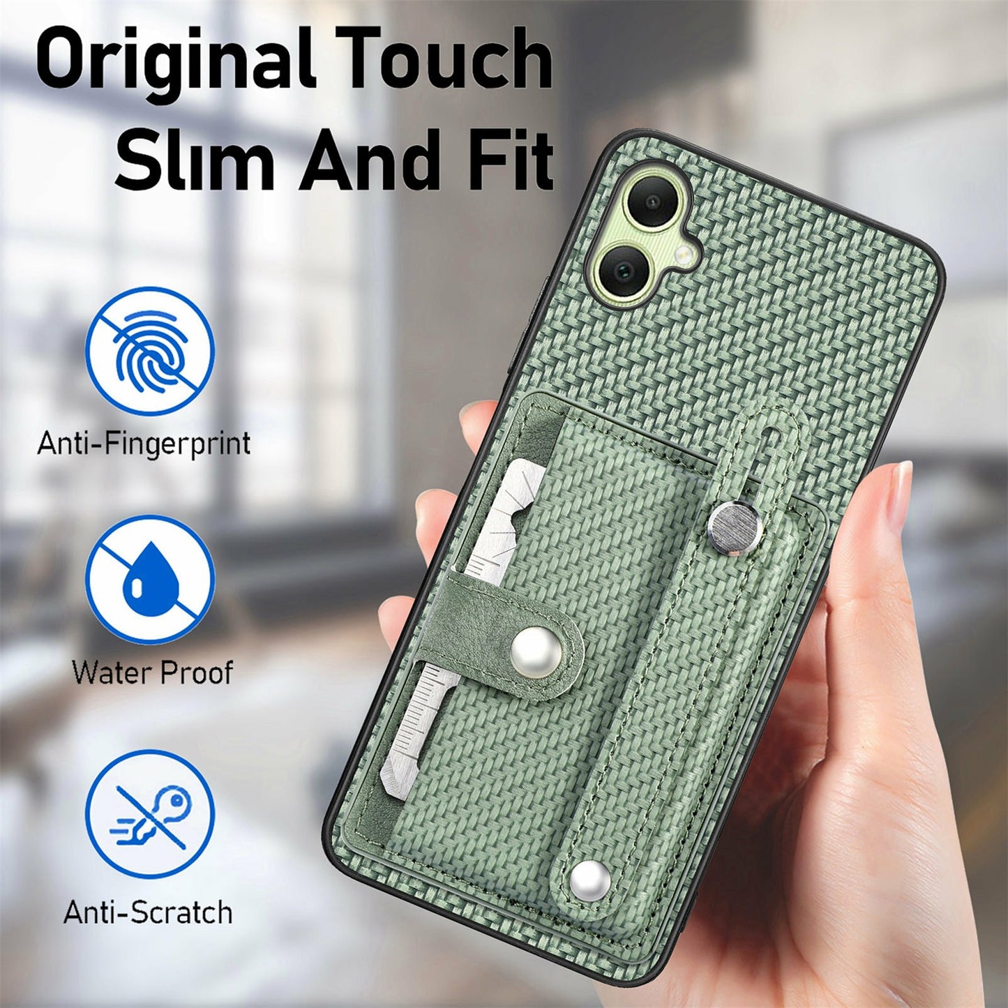 For Samsung Galaxy A06 Case Wristband Anti-Drop Leather Back Cover Card Holder - Green