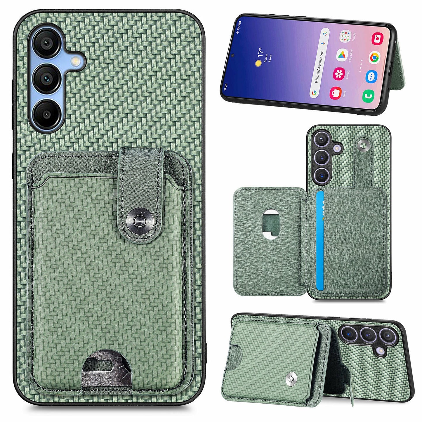 For Samsung Galaxy A16 4G / 5G Case Card Holder Leather+PC+TPU Phone Cover with Card Knife - Green