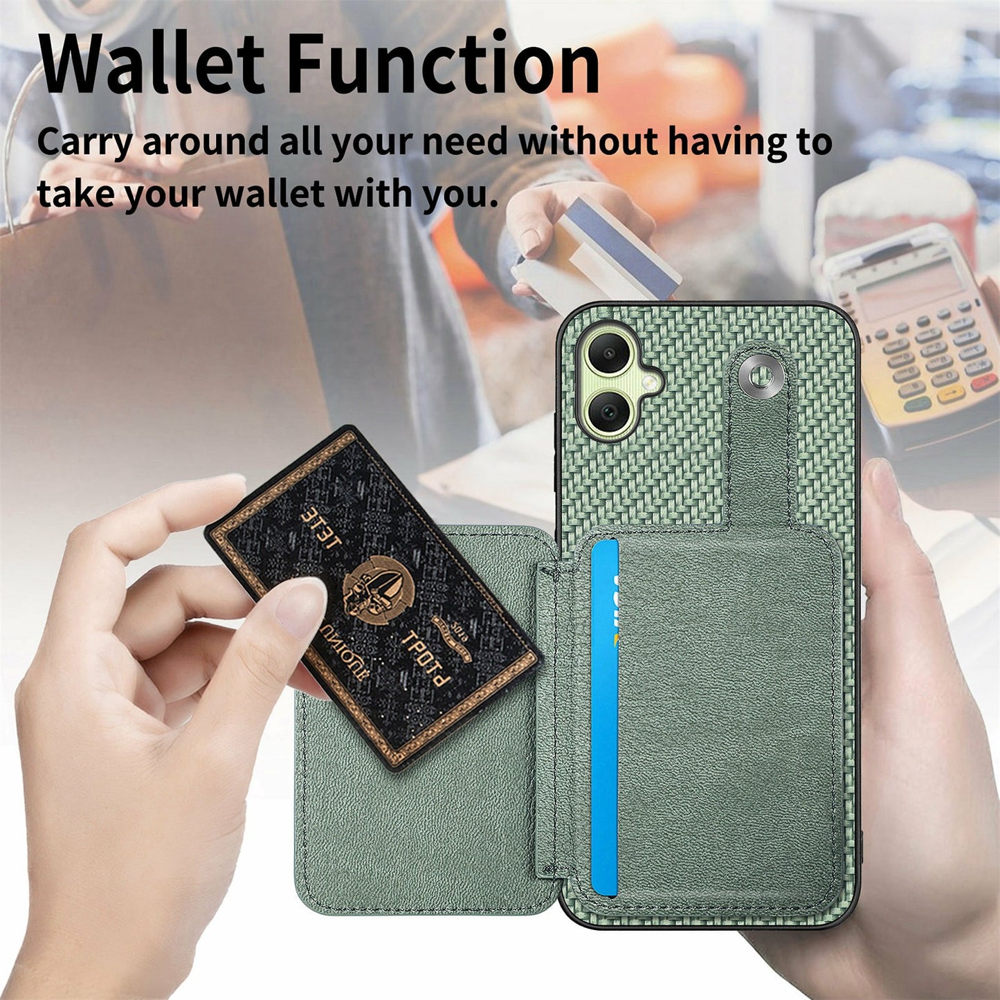 For Samsung Galaxy A06 Case Card Holder Leather+PC+TPU Phone Cover with Card Knife - Khaki