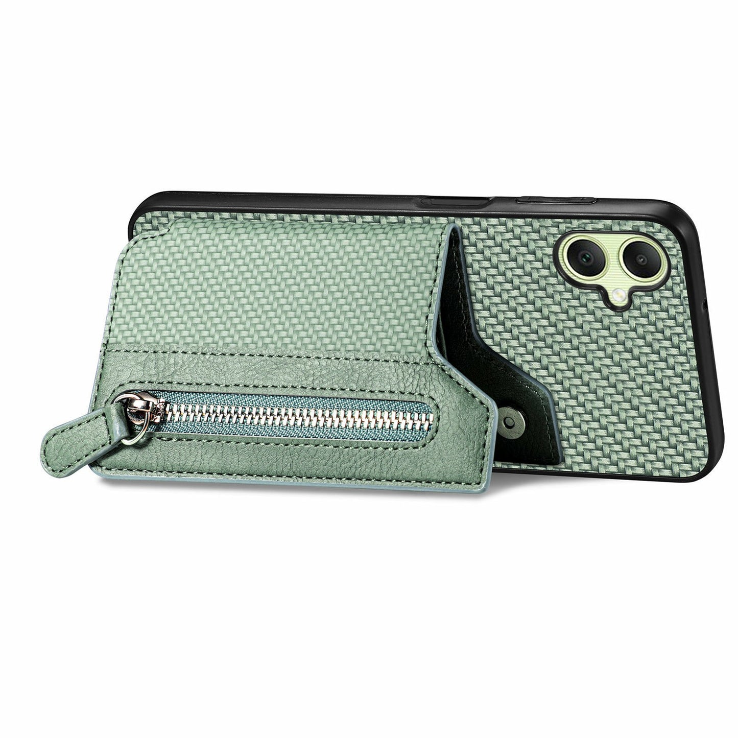 For Samsung Galaxy A06 Case Leather+PC+TPU Zipper Pocket Kickstand Phone Cover - Green
