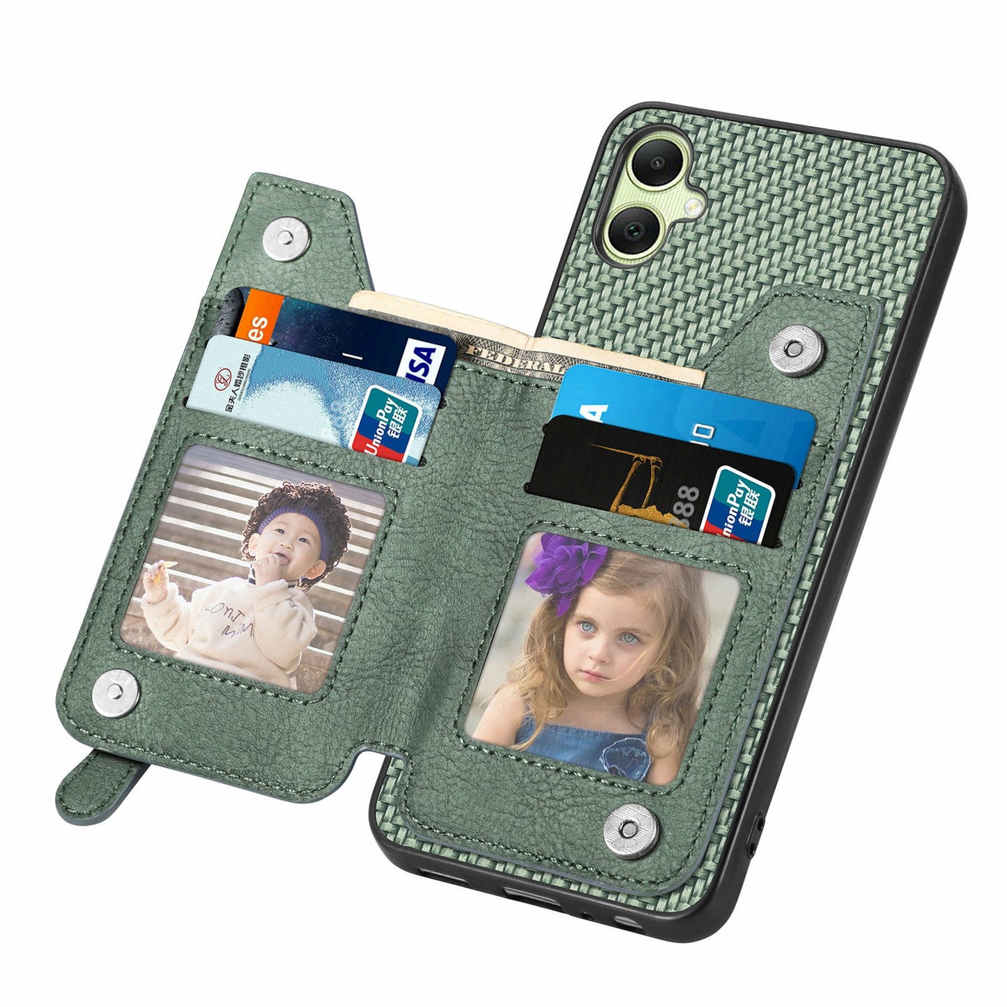 For Samsung Galaxy A06 Case Leather+PC+TPU Zipper Pocket Kickstand Phone Cover - Green