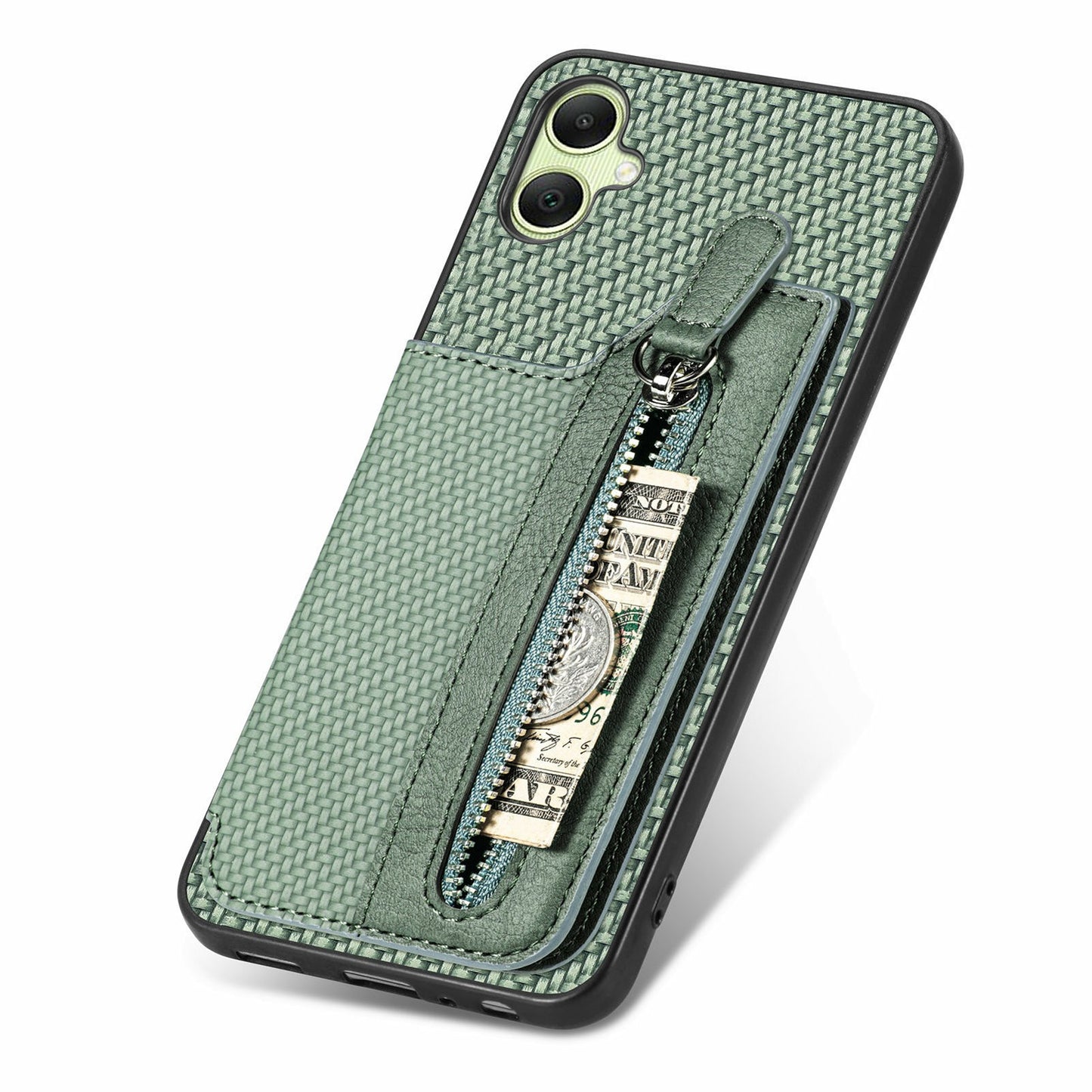 For Samsung Galaxy A06 Case Leather+PC+TPU Zipper Pocket Kickstand Phone Cover - Green