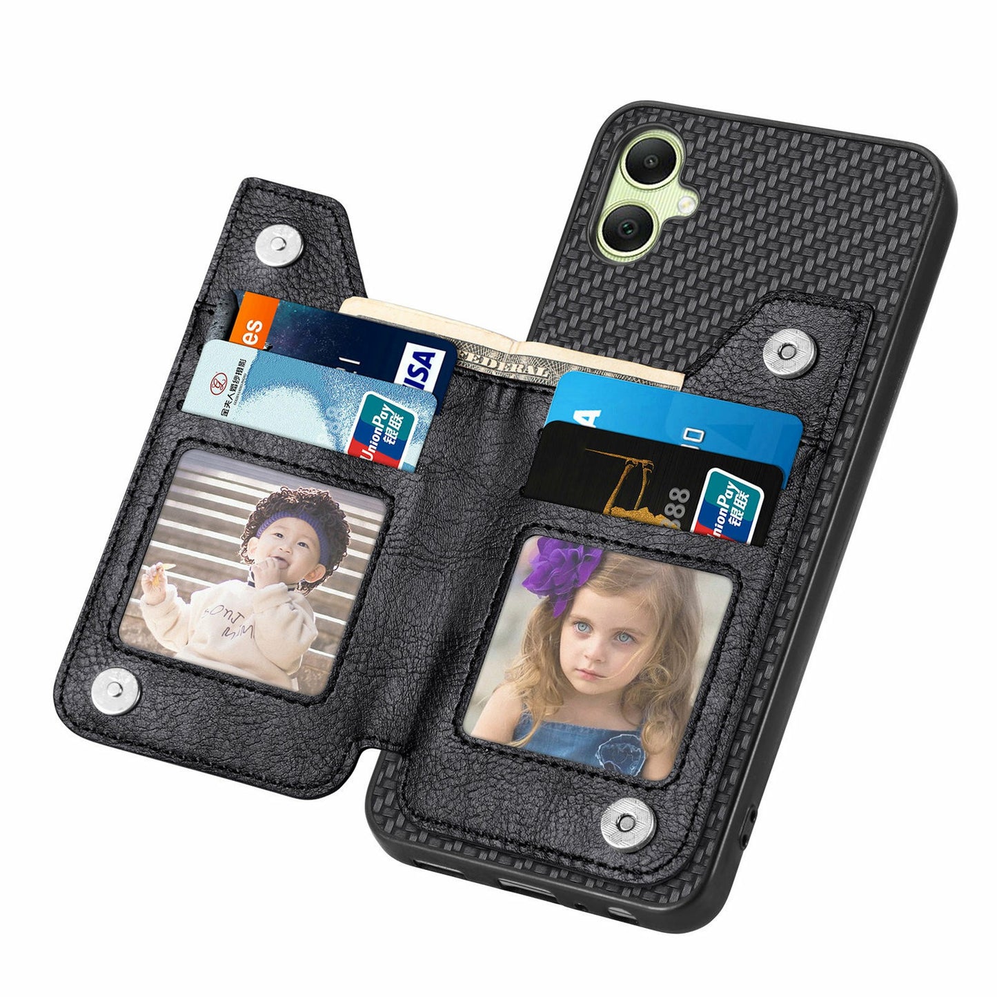 For Samsung Galaxy A06 Case Leather+PC+TPU Zipper Pocket Kickstand Phone Cover - Black