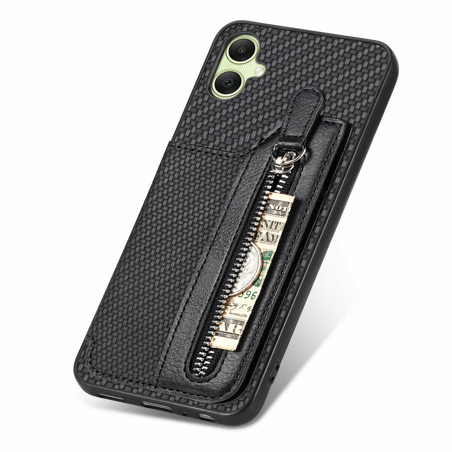 For Samsung Galaxy A06 Case Leather+PC+TPU Zipper Pocket Kickstand Phone Cover - Black