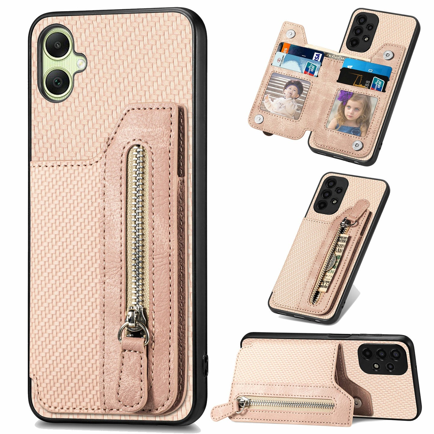 For Samsung Galaxy A06 Case Leather+PC+TPU Zipper Pocket Kickstand Phone Cover - Apricot