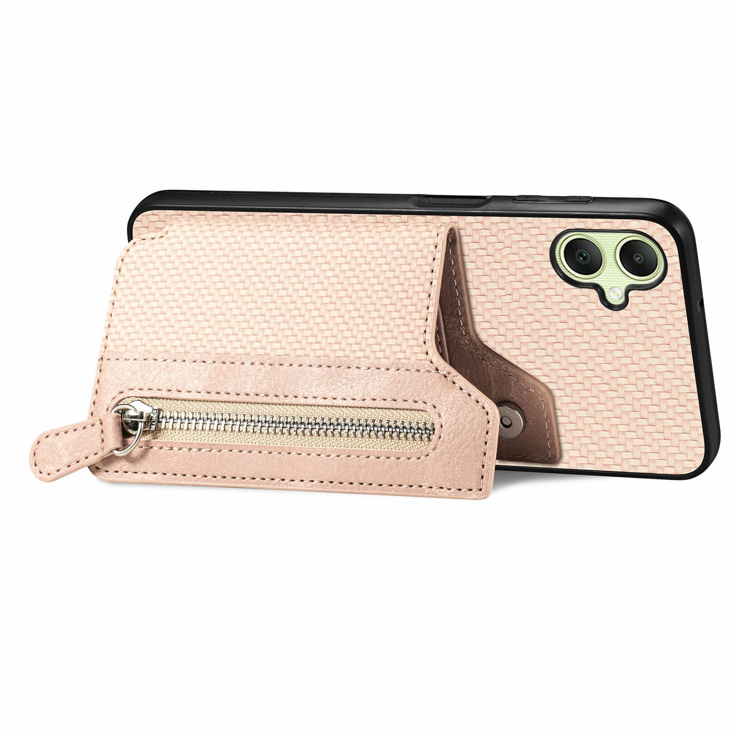 For Samsung Galaxy A06 Case Leather+PC+TPU Zipper Pocket Kickstand Phone Cover - Apricot