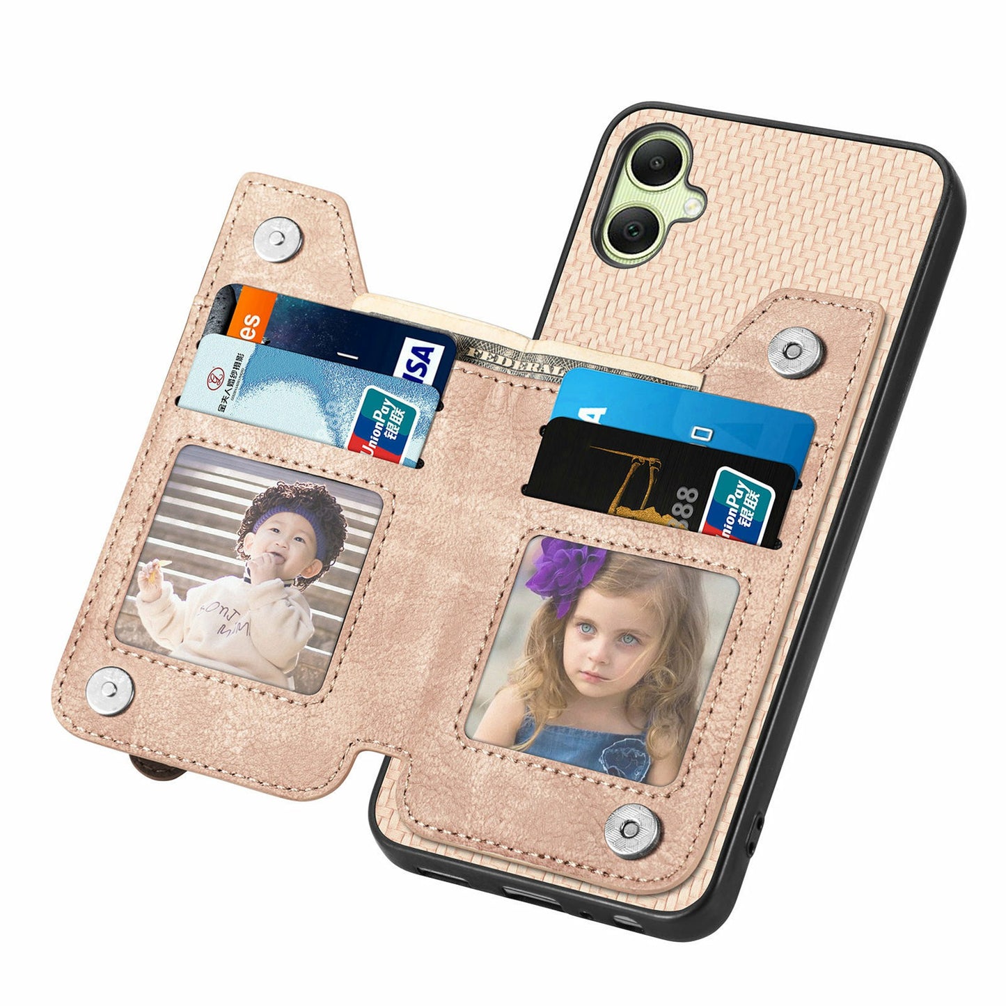 For Samsung Galaxy A06 Case Leather+PC+TPU Zipper Pocket Kickstand Phone Cover - Apricot