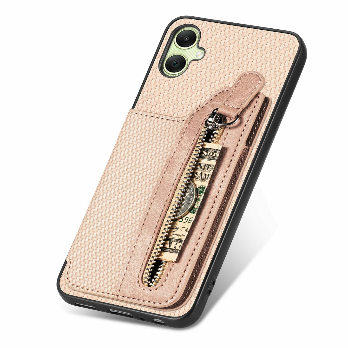 For Samsung Galaxy A06 Case Leather+PC+TPU Zipper Pocket Kickstand Phone Cover - Apricot