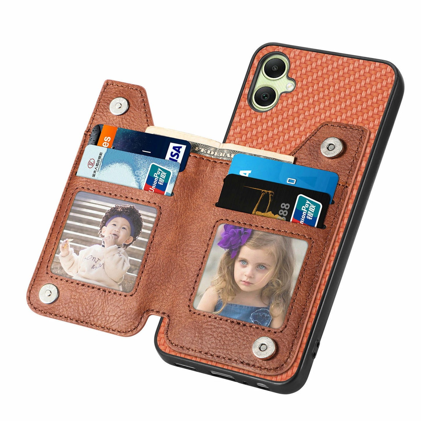 For Samsung Galaxy A06 Case Leather+PC+TPU Zipper Pocket Kickstand Phone Cover - Brown
