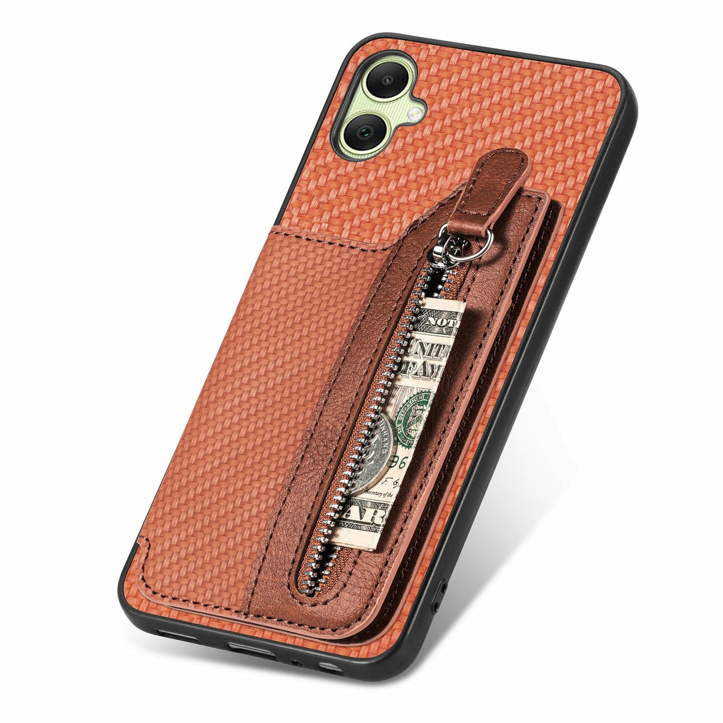 For Samsung Galaxy A06 Case Leather+PC+TPU Zipper Pocket Kickstand Phone Cover - Brown