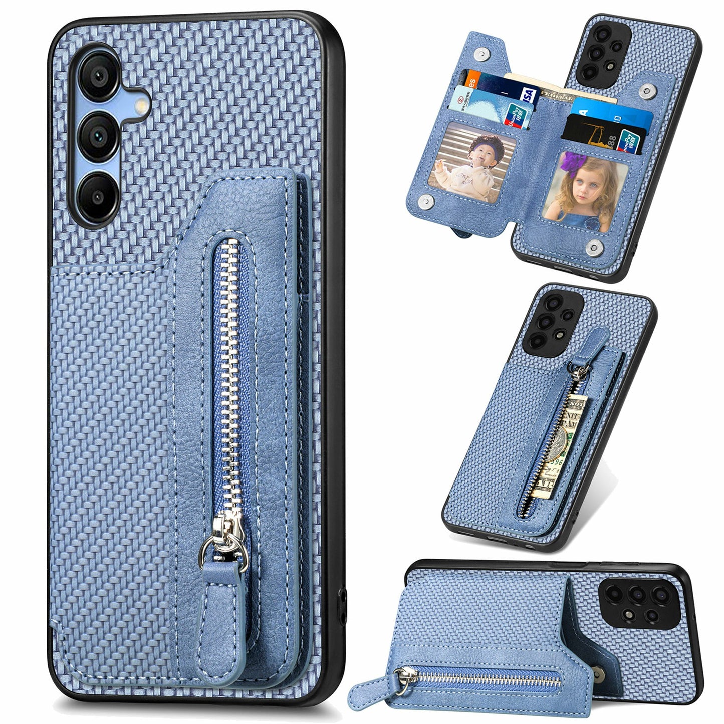 For Samsung Galaxy A16 4G / 5G Case Leather+PC+TPU Zipper Pocket Kickstand Phone Cover - Blue