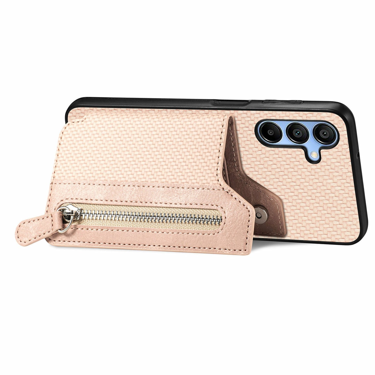 For Samsung Galaxy A16 4G / 5G Case Leather+PC+TPU Zipper Pocket Kickstand Phone Cover - Apricot