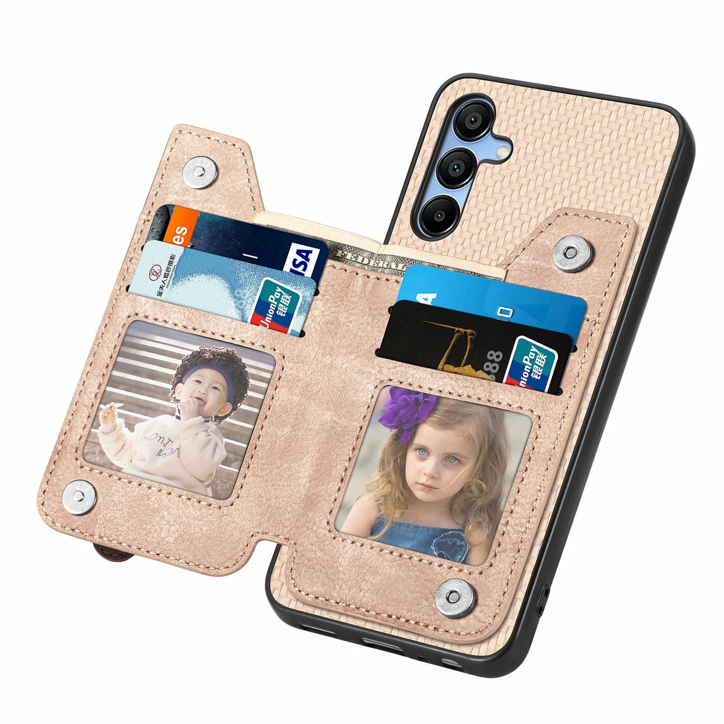 For Samsung Galaxy A16 4G / 5G Case Leather+PC+TPU Zipper Pocket Kickstand Phone Cover - Apricot