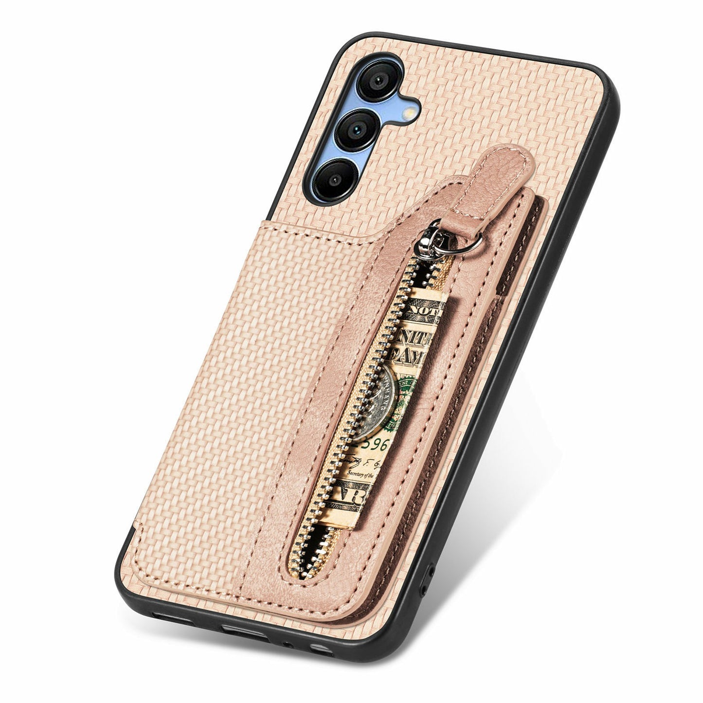 For Samsung Galaxy A16 4G / 5G Case Leather+PC+TPU Zipper Pocket Kickstand Phone Cover - Apricot