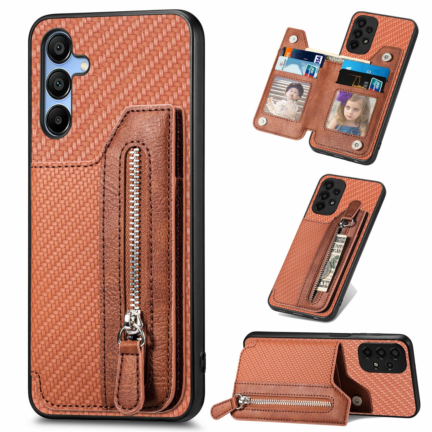 For Samsung Galaxy A16 4G / 5G Case Leather+PC+TPU Zipper Pocket Kickstand Phone Cover - Brown