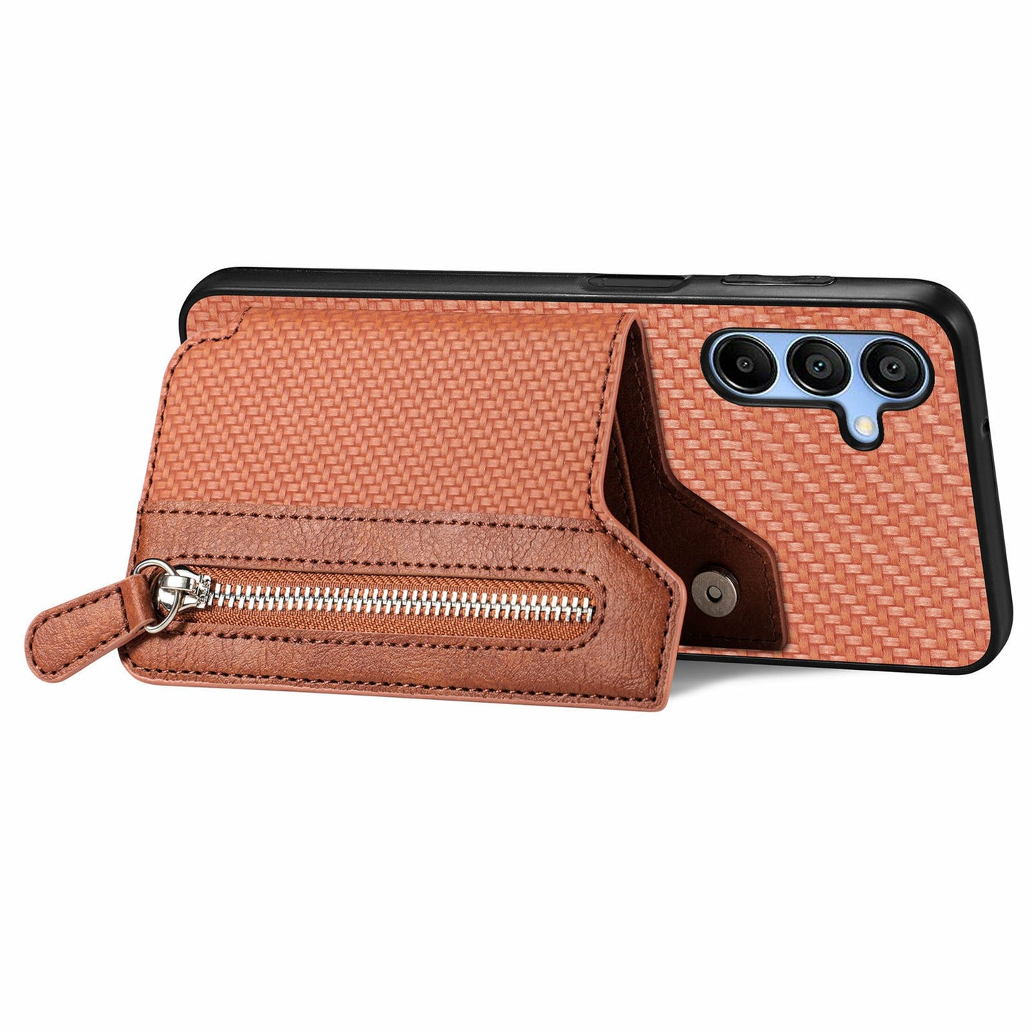 For Samsung Galaxy A16 4G / 5G Case Leather+PC+TPU Zipper Pocket Kickstand Phone Cover - Brown