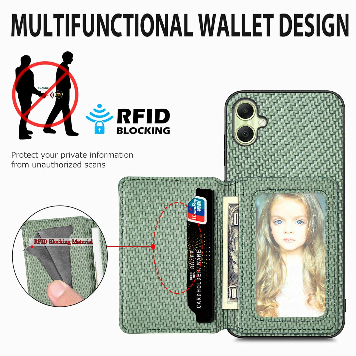 For Samsung Galaxy A06 Case RFID Blocking Card Holder Carbon Fiber Leather+PC+TPU Phone Cover - Apricot
