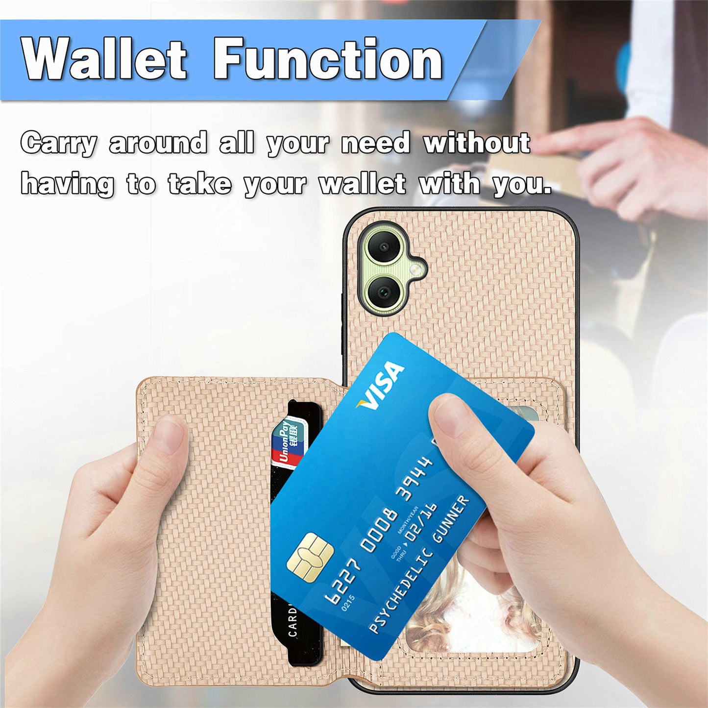 For Samsung Galaxy A06 Case RFID Blocking Card Holder Carbon Fiber Leather+PC+TPU Phone Cover - Apricot