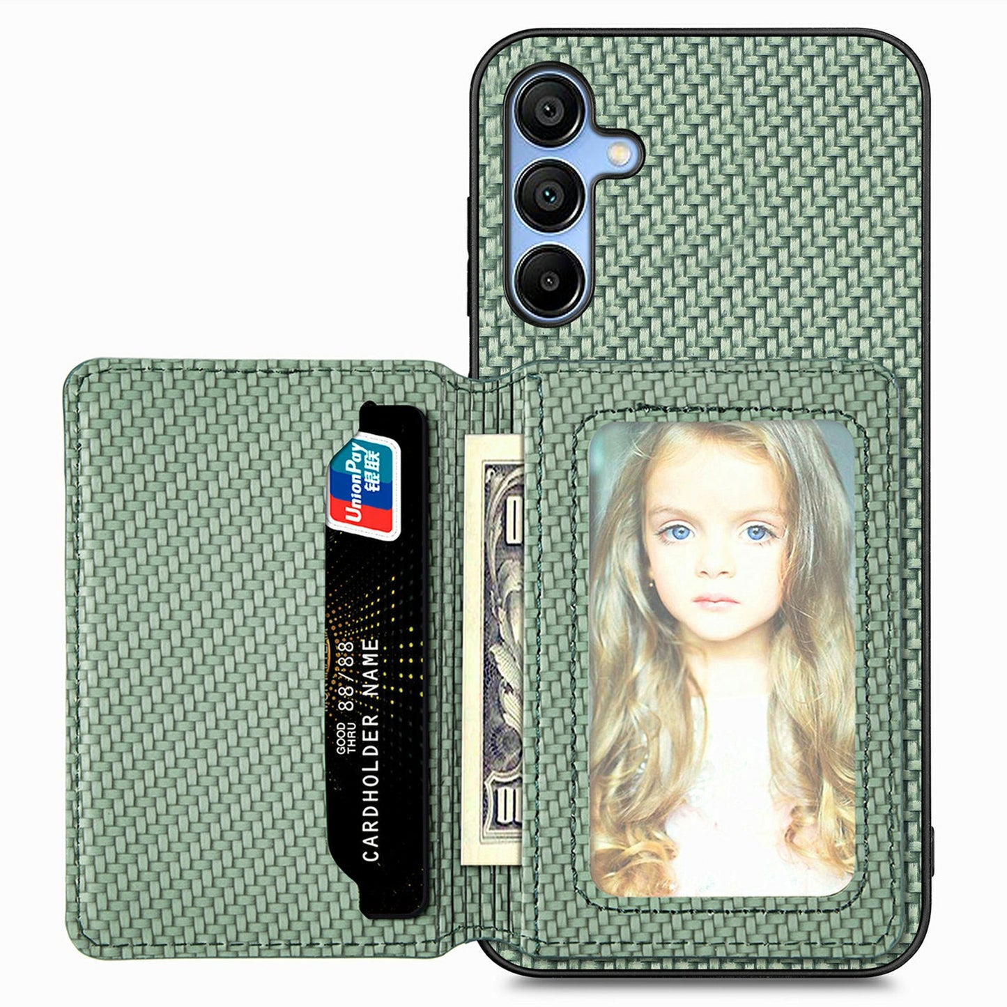 For Samsung Galaxy A16 4G / 5G Case RFID Blocking Card Holder Carbon Fiber Leather+PC+TPU Phone Cover - Green