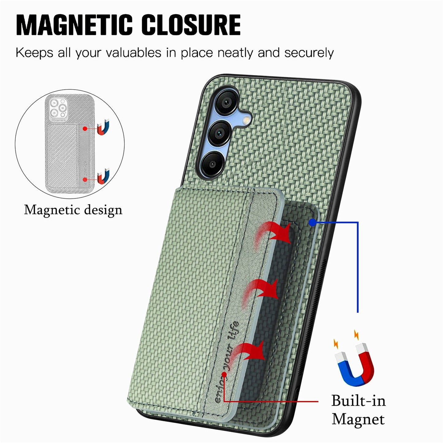 For Samsung Galaxy A16 4G / 5G Case RFID Blocking Card Holder Carbon Fiber Leather+PC+TPU Phone Cover - Green