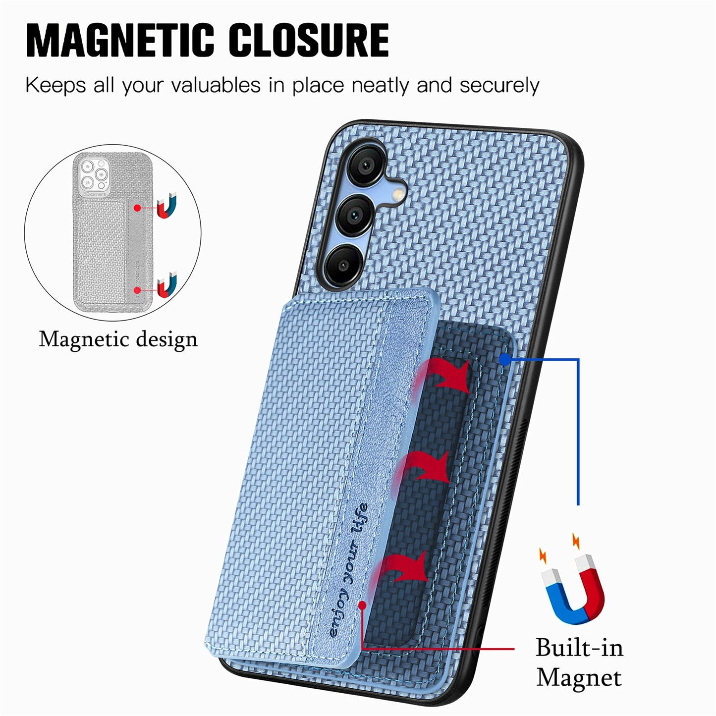 For Samsung Galaxy A16 4G / 5G Case RFID Blocking Card Holder Carbon Fiber Leather+PC+TPU Phone Cover - Blue