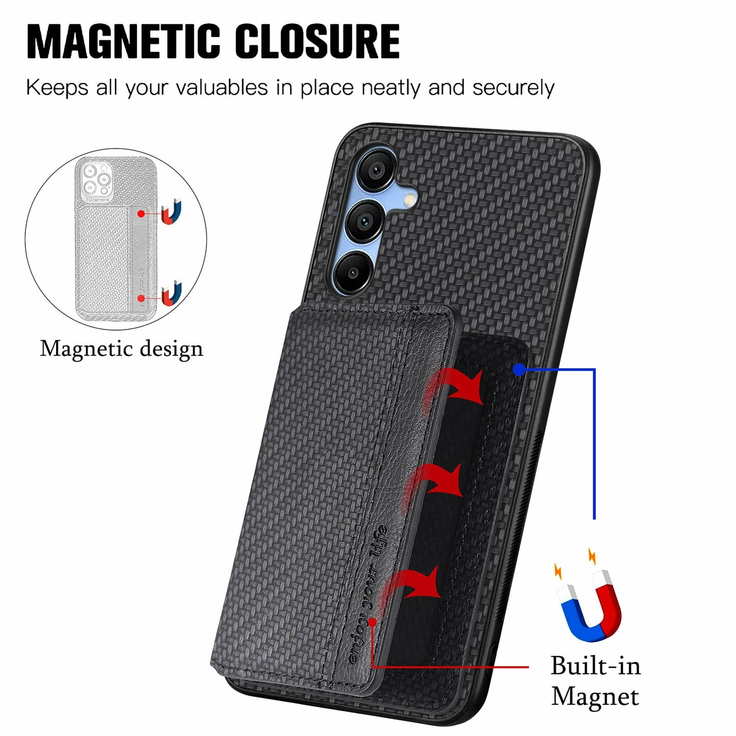 For Samsung Galaxy A16 4G / 5G Case RFID Blocking Card Holder Carbon Fiber Leather+PC+TPU Phone Cover - Black