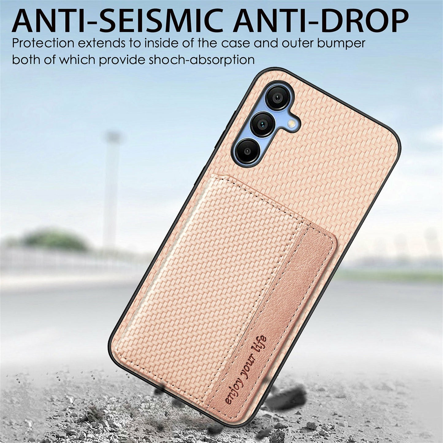 For Samsung Galaxy A16 4G / 5G Case RFID Blocking Card Holder Carbon Fiber Leather+PC+TPU Phone Cover - Apricot
