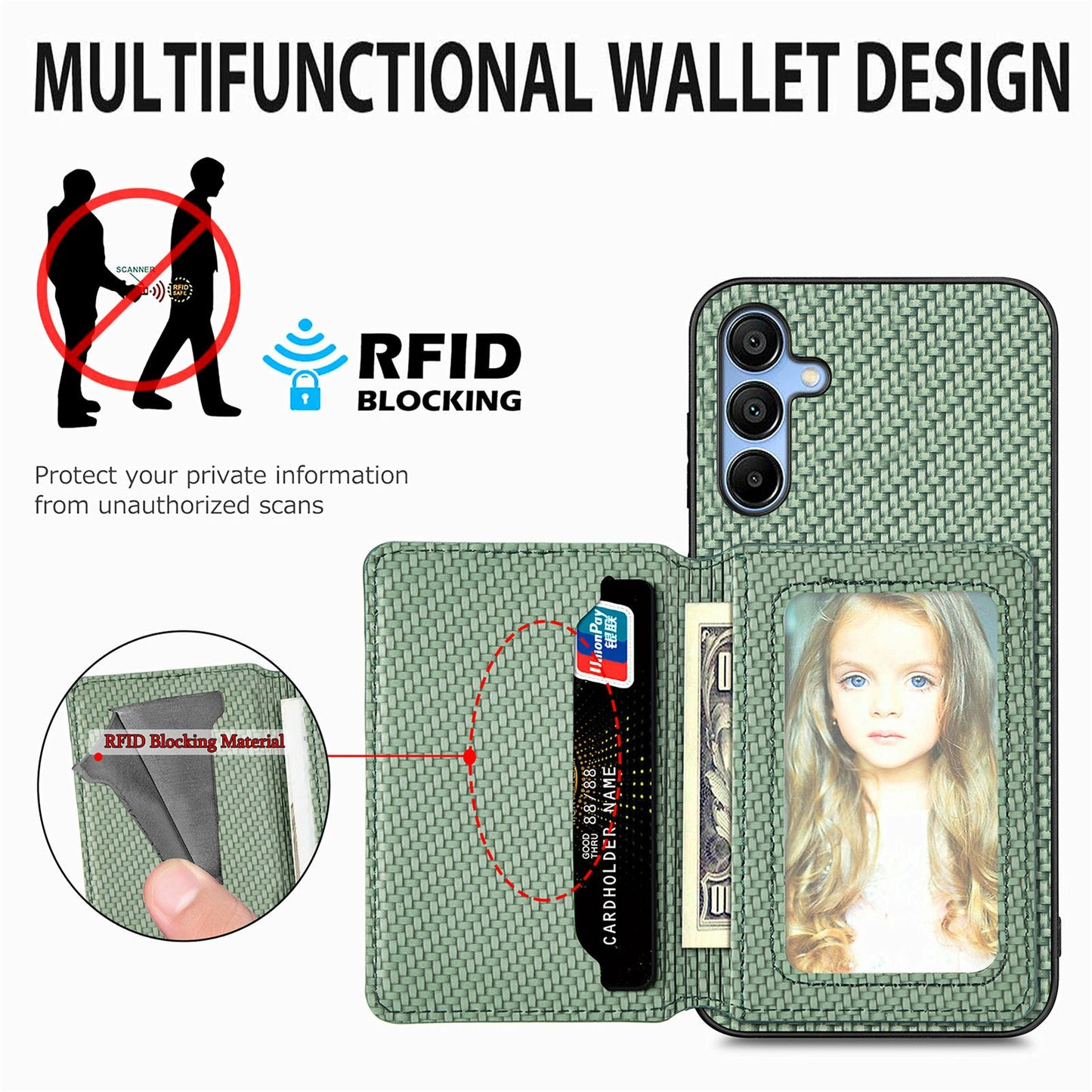 For Samsung Galaxy A16 4G / 5G Case RFID Blocking Card Holder Carbon Fiber Leather+PC+TPU Phone Cover - Brown