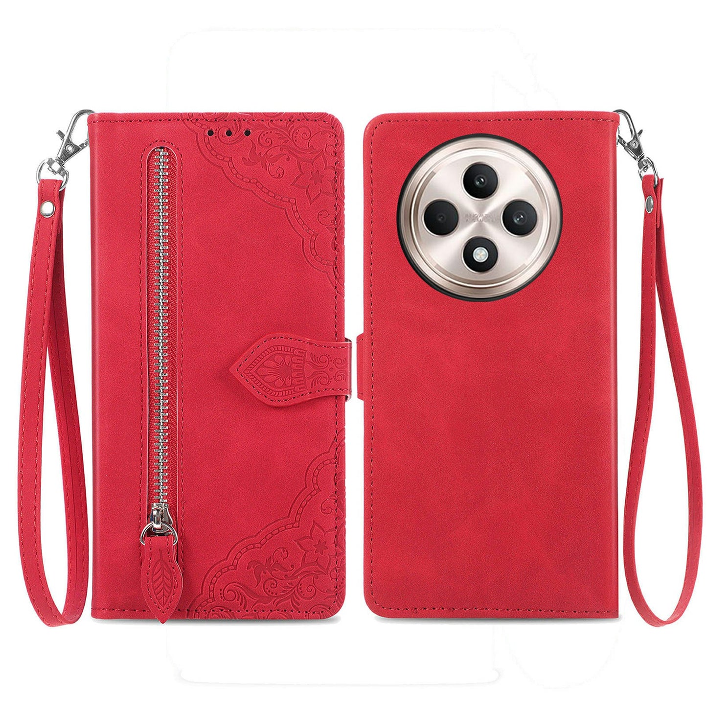 For Oppo F27 5G Case Zipper Wallet PU Leather Flower Imprint Phone Cover - Red