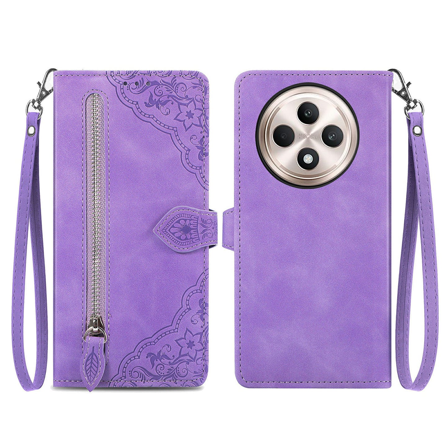 For Oppo F27 5G Case Zipper Wallet PU Leather Flower Imprint Phone Cover - Light Purple