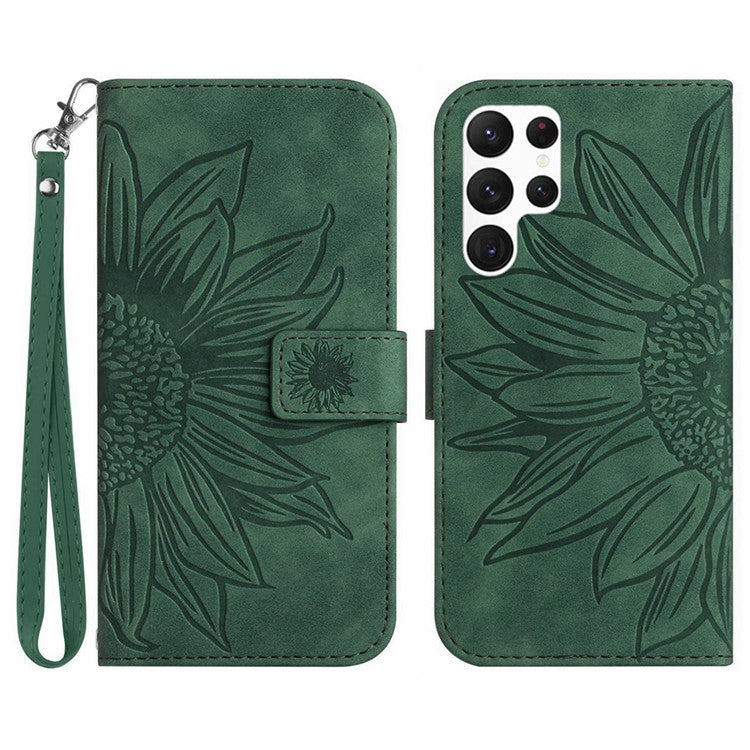 HT04 For Samsung Galaxy S25 Ultra Case Sunflower Imprint Leather Wallet Phone Cover with Wrist Strap - Green