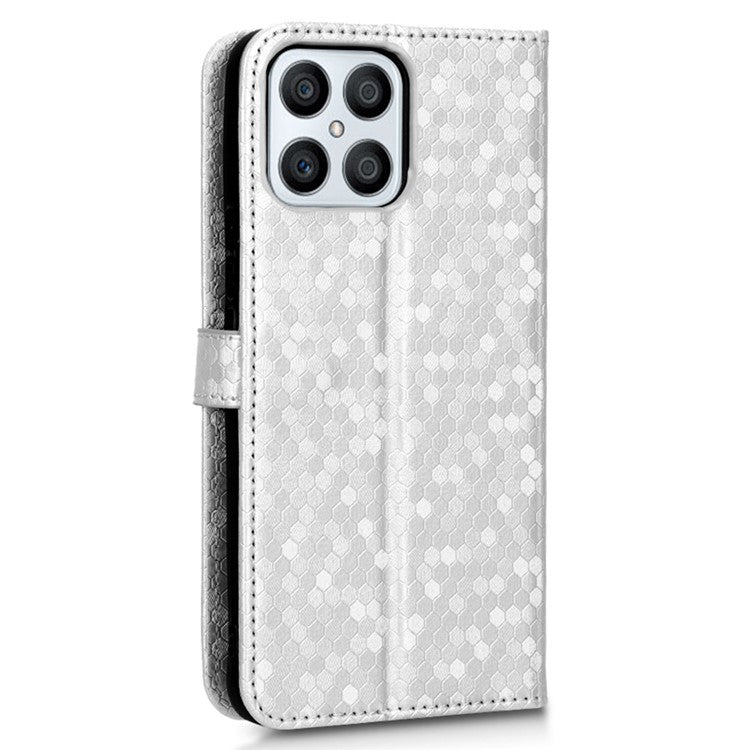 For Honor X8 4G 4G Full Coverage PU Leather Phone Cover Dot Pattern Imprinted Wallet Stand Magnetic Phone Case with Strap - Silver