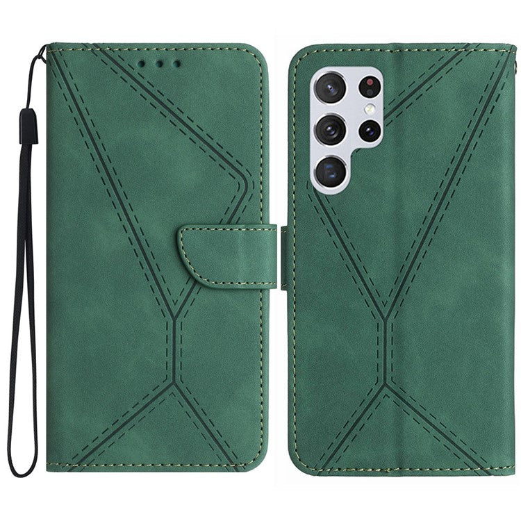 HT05 For Samsung Galaxy S25 Ultra Case Skin-Touch Lines PU Leather Flip Phone Cover - Green