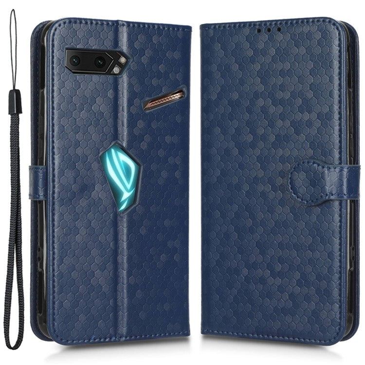 For Asus ROG Phone II ZS660KL PU Leather Flip Phone Cover Dot Pattern Imprinted Wallet Horizontal Stand Magnetic Phone Case with Strap - Dark Blue