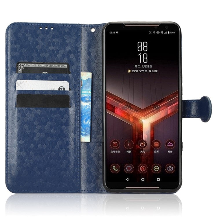 For Asus ROG Phone II ZS660KL PU Leather Flip Phone Cover Dot Pattern Imprinted Wallet Horizontal Stand Magnetic Phone Case with Strap - Dark Blue