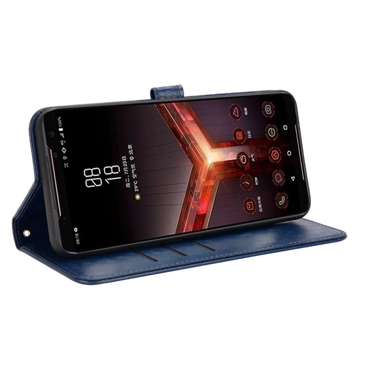 For Asus ROG Phone II ZS660KL PU Leather Flip Phone Cover Dot Pattern Imprinted Wallet Horizontal Stand Magnetic Phone Case with Strap - Dark Blue